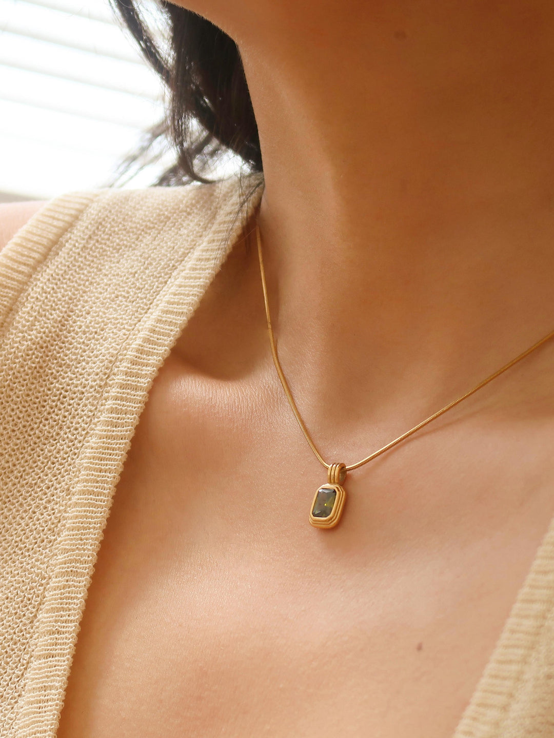 18K Gold Olive Green CZ Rectangle Pendant Necklace