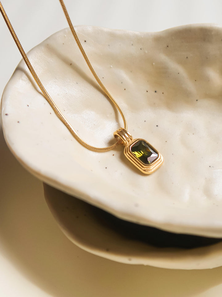 18K Gold Olive Green CZ Rectangle Pendant Necklace