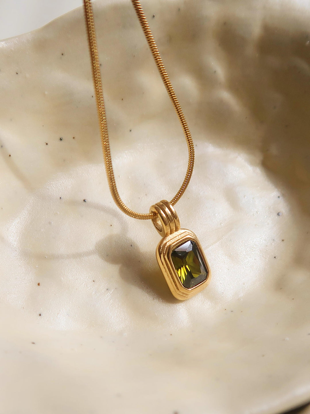 18K Gold Olive Green CZ Rectangle Pendant Necklace