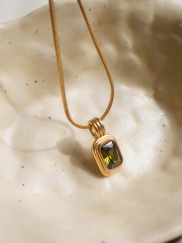 18K Gold Olive Green CZ Rectangle Pendant Necklace