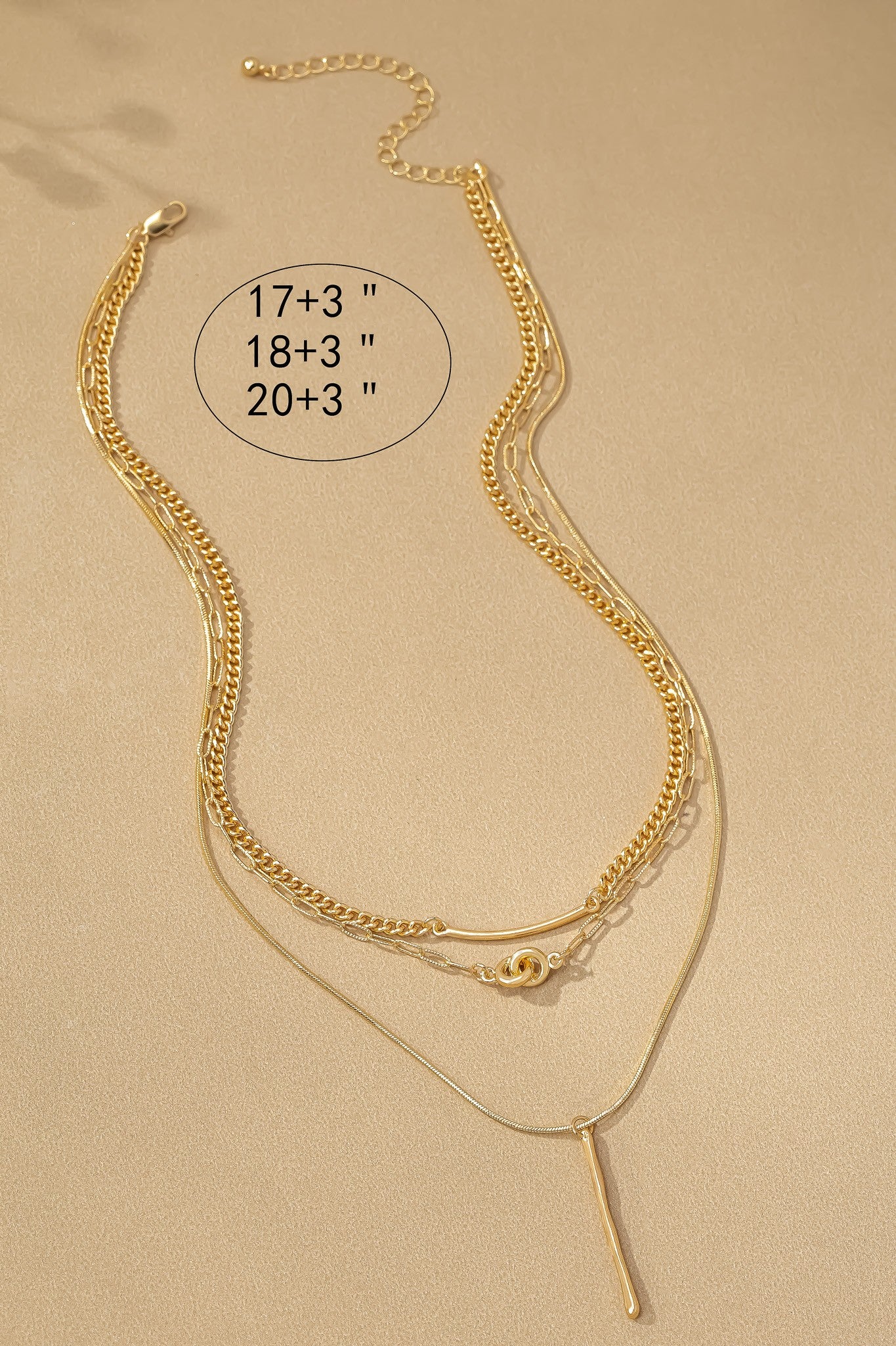 3 ROW NECKLACE WITH BAR, KNOT AND STICK