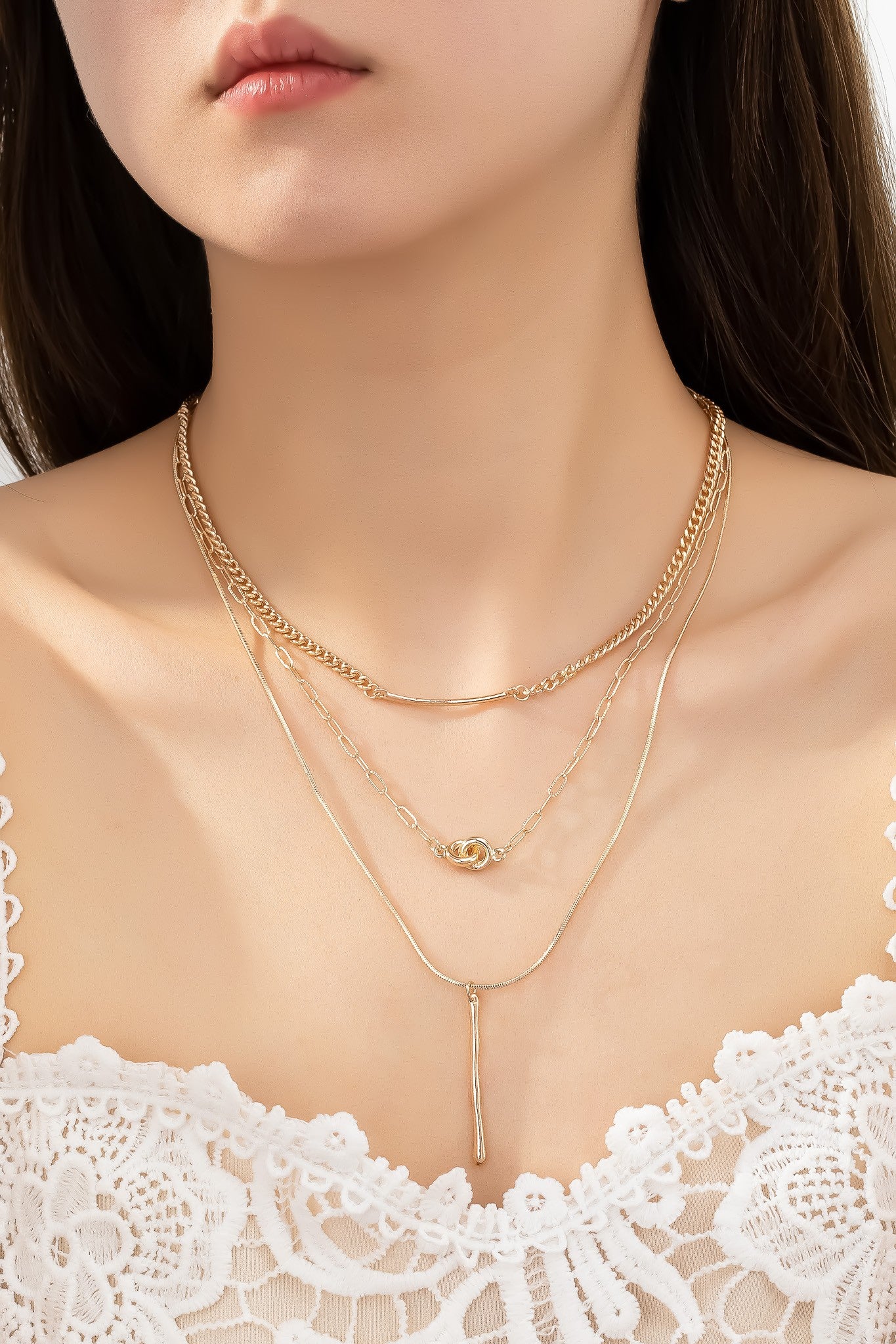 3 ROW NECKLACE WITH BAR, KNOT AND STICK