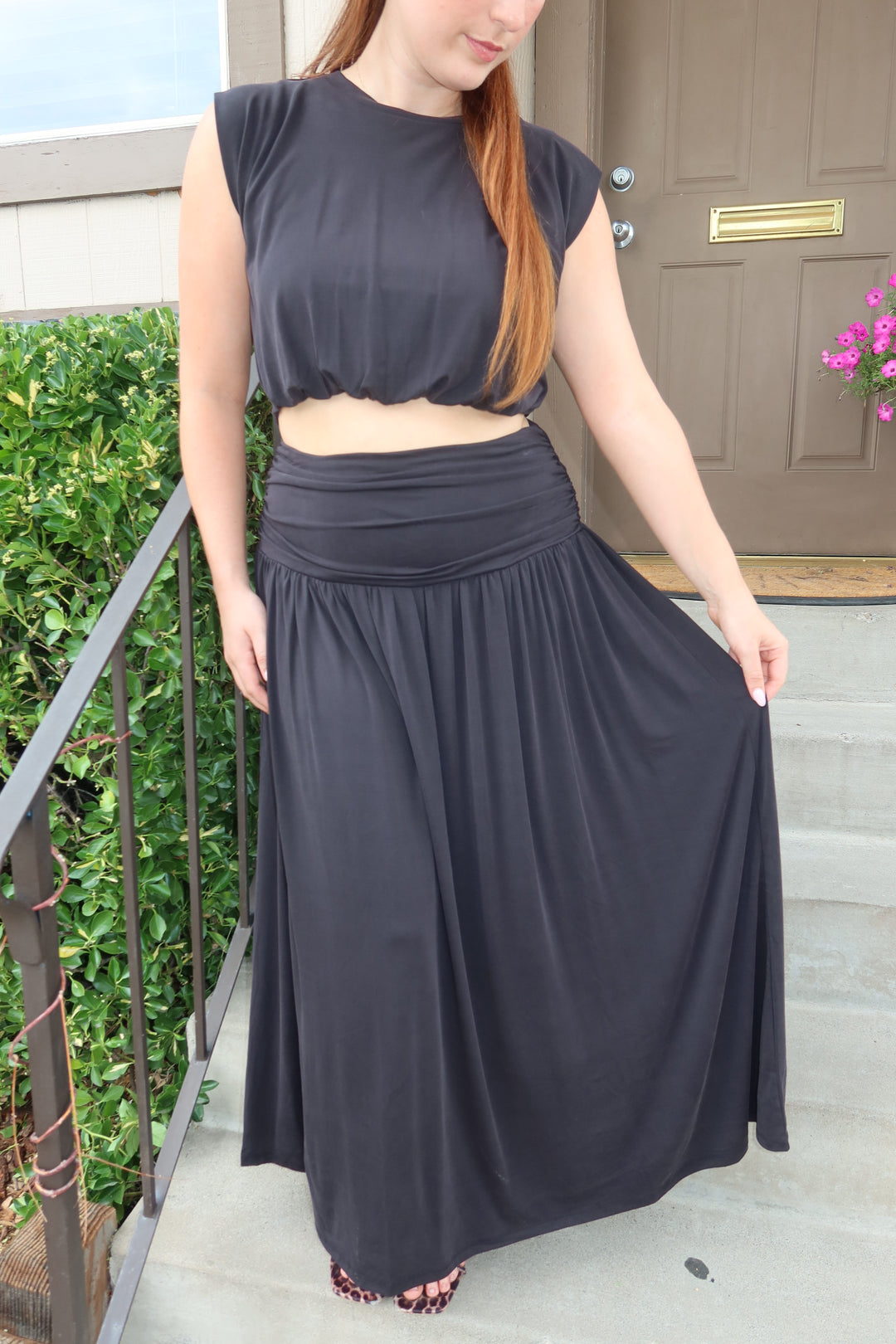 The Elaia Ruched Waist Maxi Skirt — Black