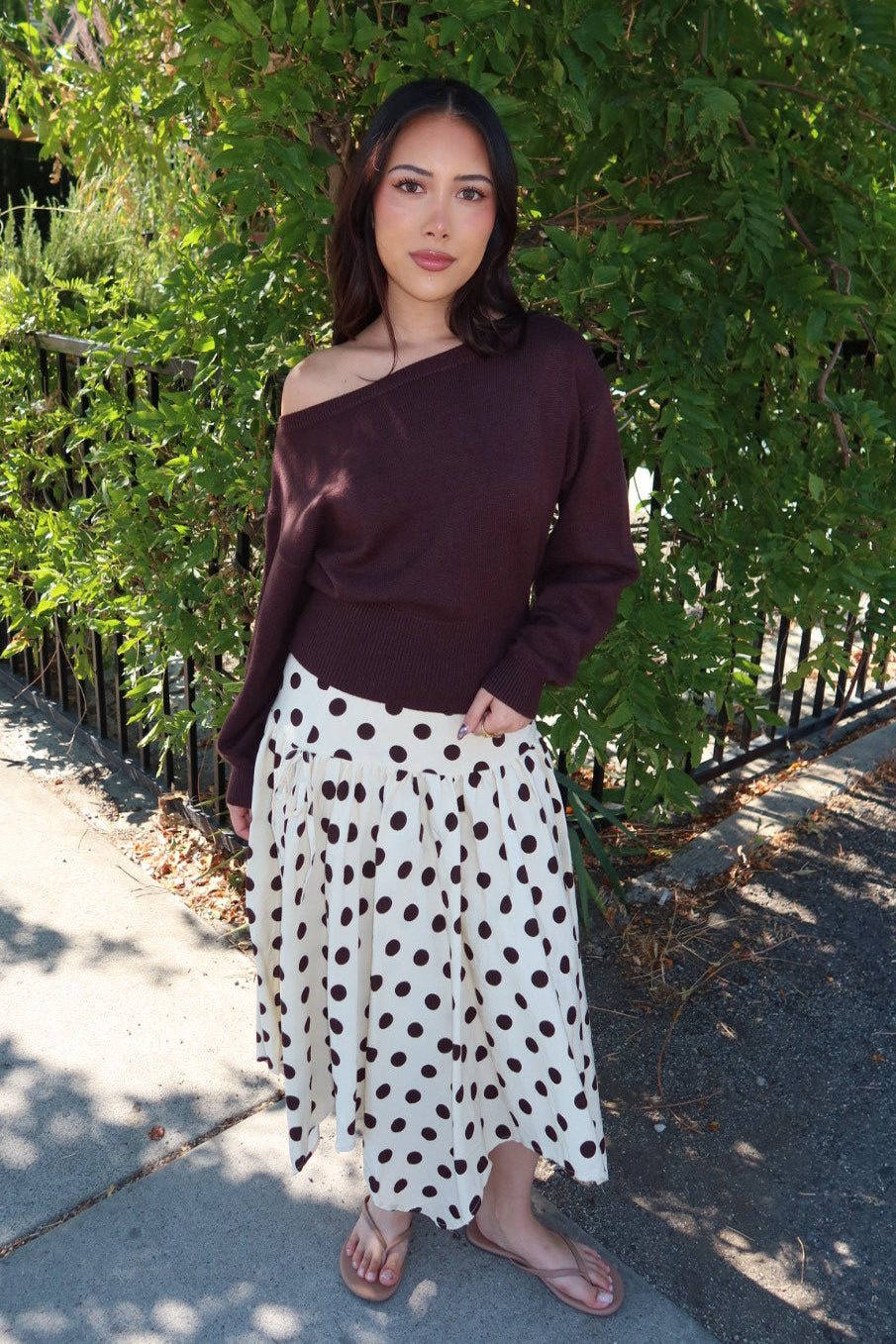 Cielo Polka Dot Drop Waist Midi Skirt