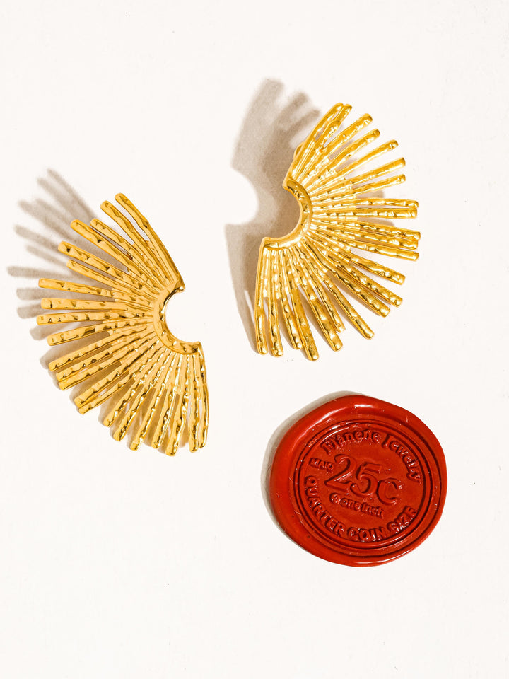 Gold Sunburst Fan Stud Earrings