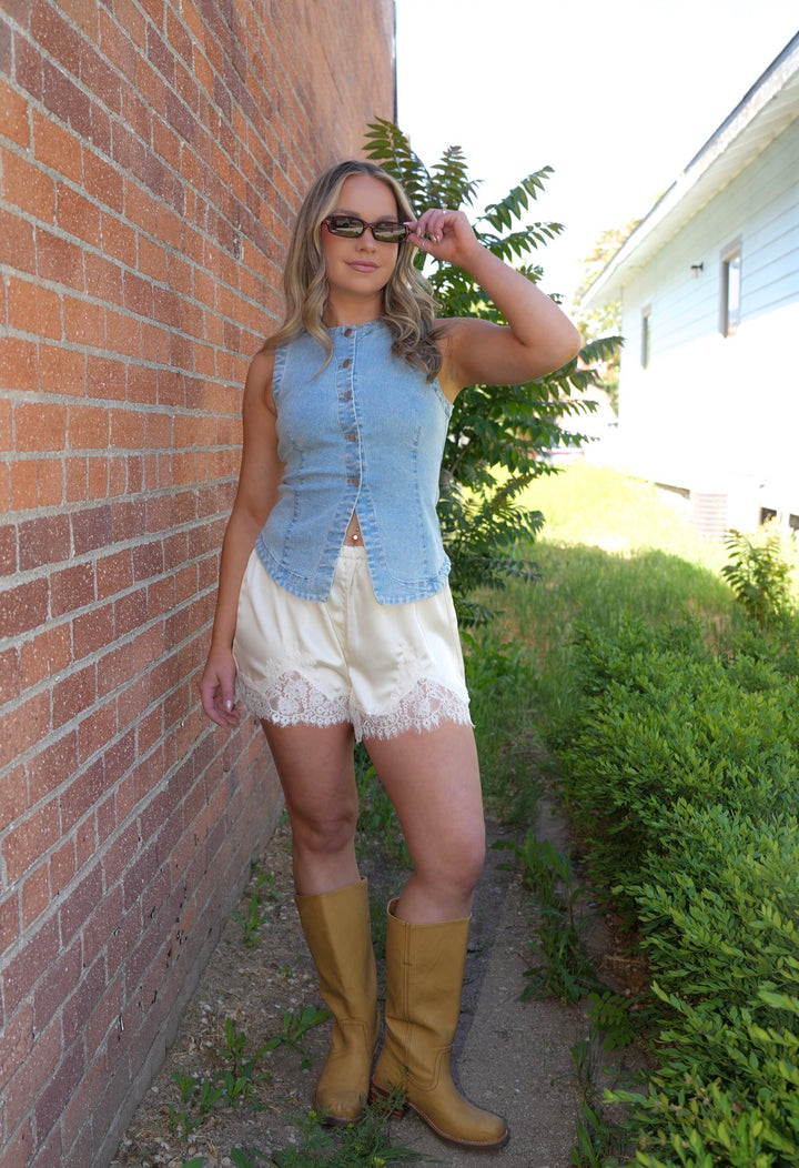 Washed Denim Button-Down Vest Top
