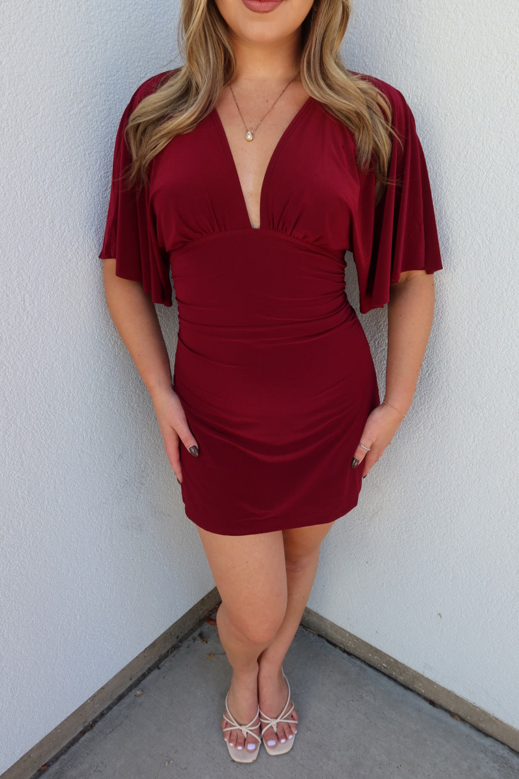 Durham V-Neck Ruched Mini Dress - Burgundy
