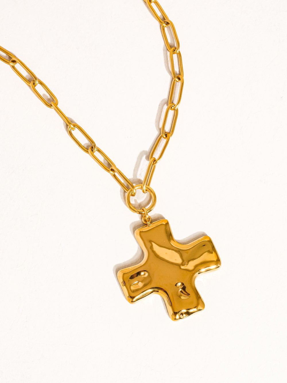 The Hammered Cross Paperclip Chain Necklace in 18K Gold - Full Product Shot on White Background Showing Complete Chunky Paperclip Chain with Oversized Hammered Cross Pendant & Lobster Clasp