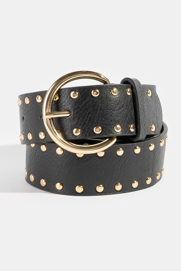 Black leather belt with gold studs and a large gold buckle on a white background