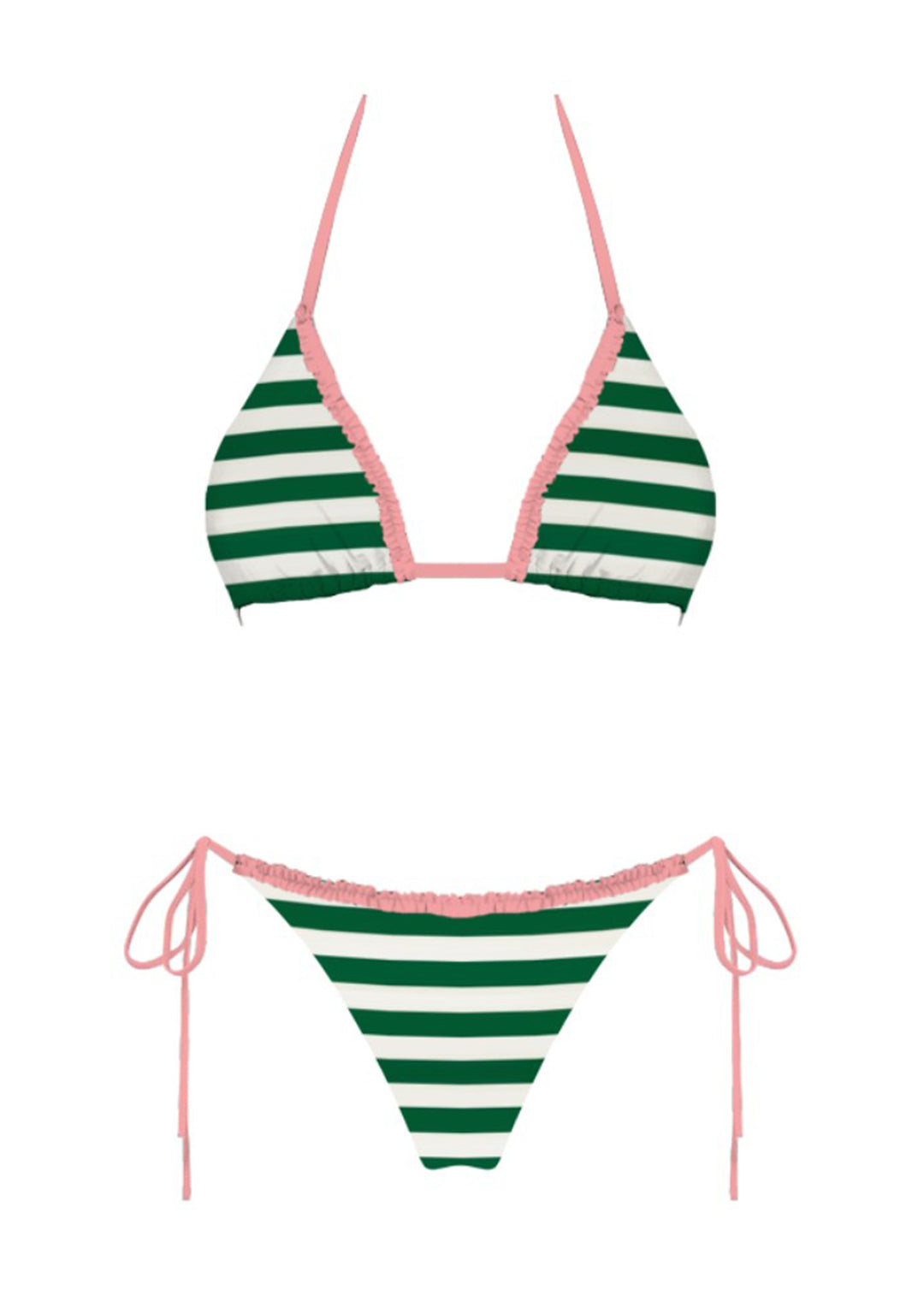 The Sunny Days Bikini Set - Product Graphic Showing Green & White Stripe Triangle Top with Pink Ruffle Trim & Medium Coverage Tie-Side Bottoms
