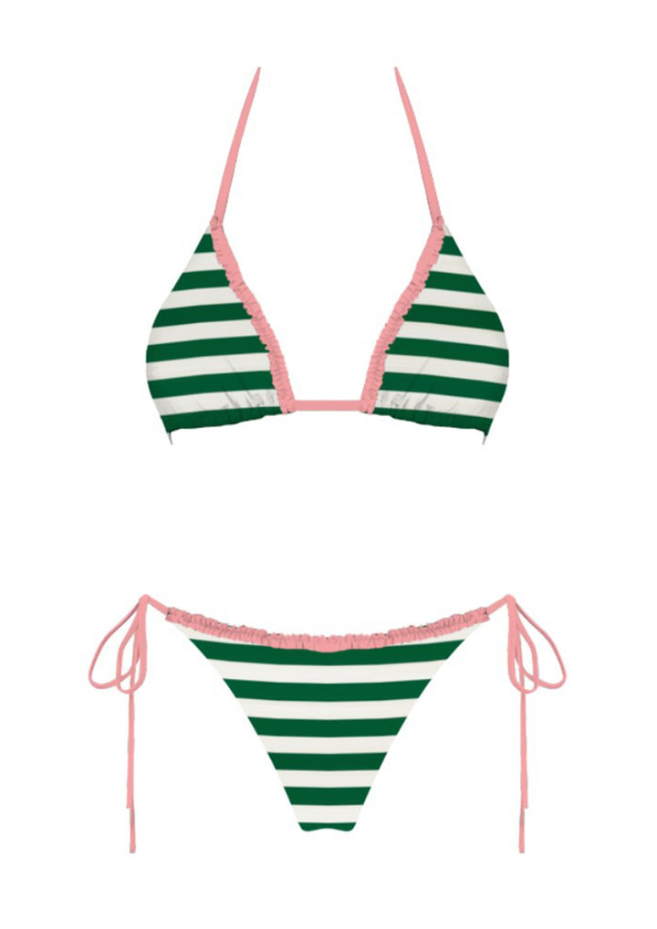 The Sunny Days Bikini Set - Product Graphic Showing Green & White Stripe Triangle Top with Pink Ruffle Trim & Medium Coverage Tie-Side Bottoms