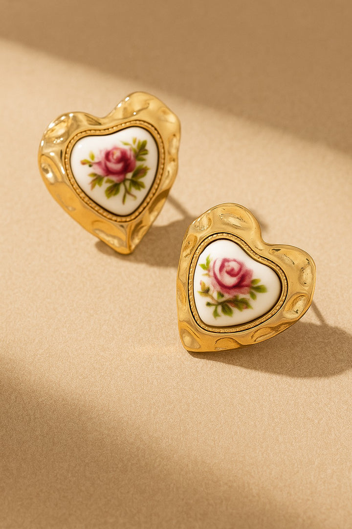 VINTAGE ROSE PORCELAIN HEART EARRINGS
