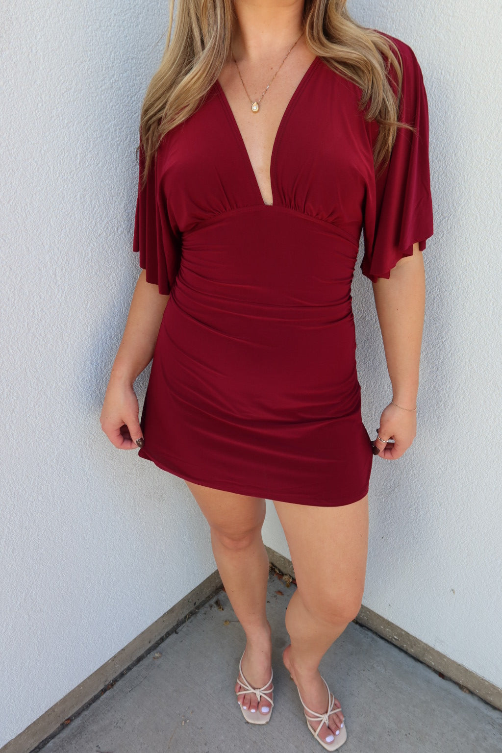 Durham V-Neck Ruched Mini Dress - Burgundy