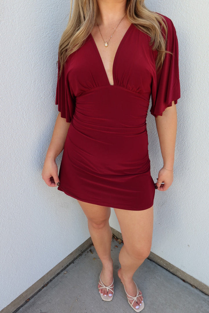 Durham V-Neck Ruched Mini Dress - Burgundy