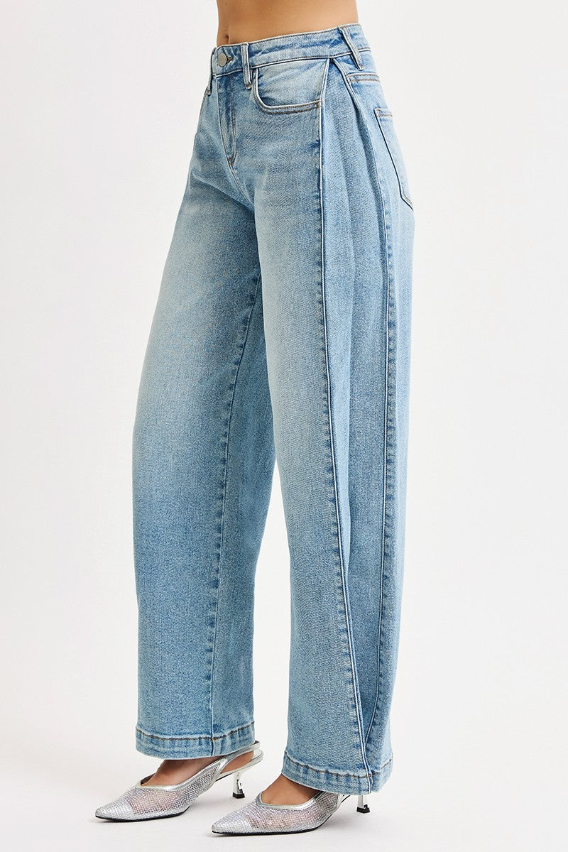 The Wide Barrel Snap Hem Jean in Light Wash — Left Side View on Model Against White Background Showing Full Front Seam Detail Running Length of Wide Barrel Leg & Snap-Closed Hem with Silver Slingback Heels