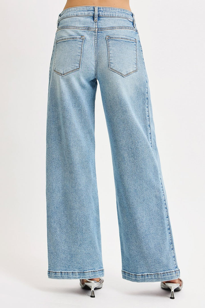The Wide Barrel Snap Hem Jean in Light Wash — Back View on Model Against White Background Showing 5-Pocket Construction, Back Pocket Detail, Wide Barrel Leg Silhouette & Light Wash Finish