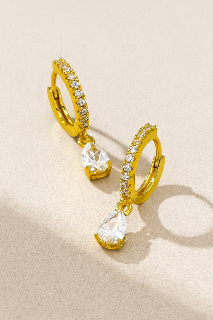 PAVE HUGGIE EARRINGS WITH TEARDROP CHARM