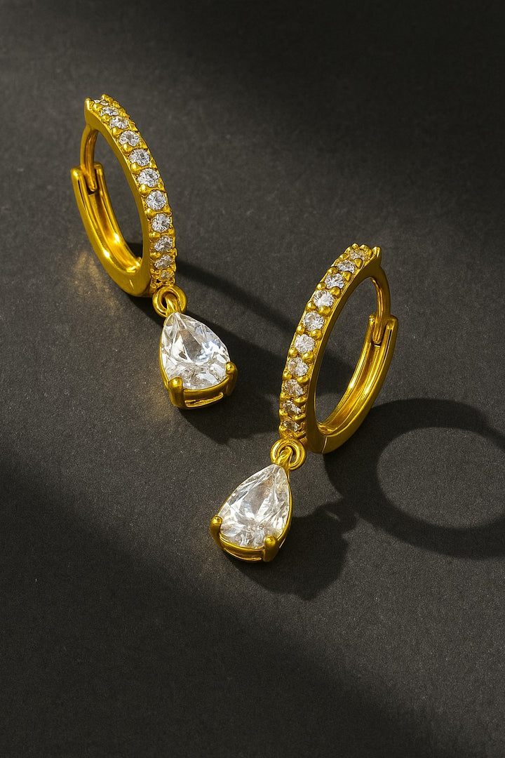 PAVE HUGGIE EARRINGS WITH TEARDROP CHARM