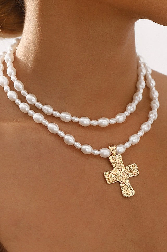 LUSTROUS PEARL LAYERED CROSS NECKLACE