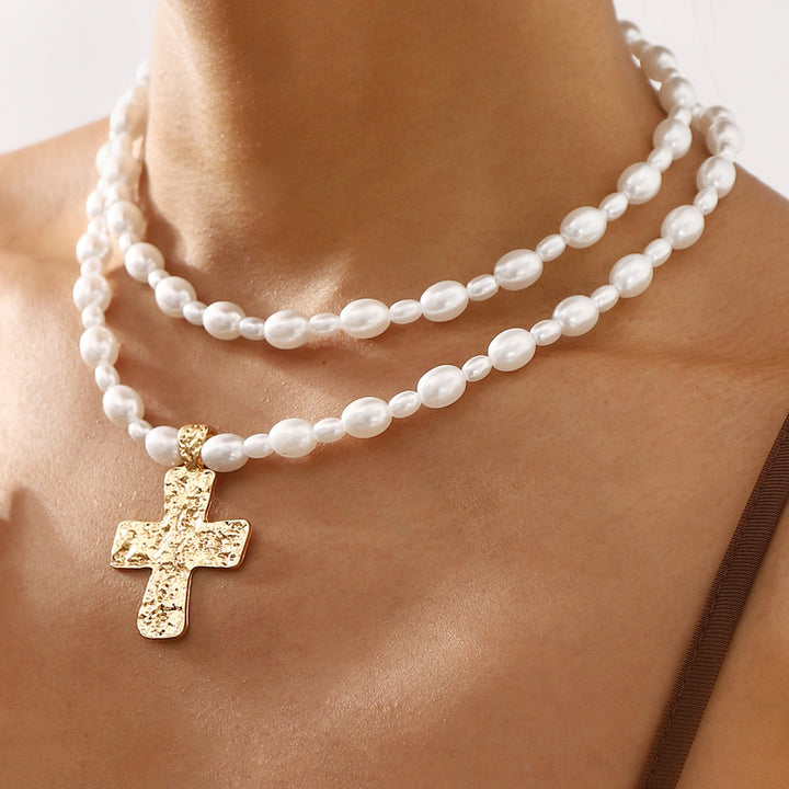 LUSTROUS PEARL LAYERED CROSS NECKLACE