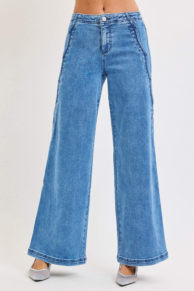Risen Scalloped High Rise Wide Leg Jean — Medium Wash