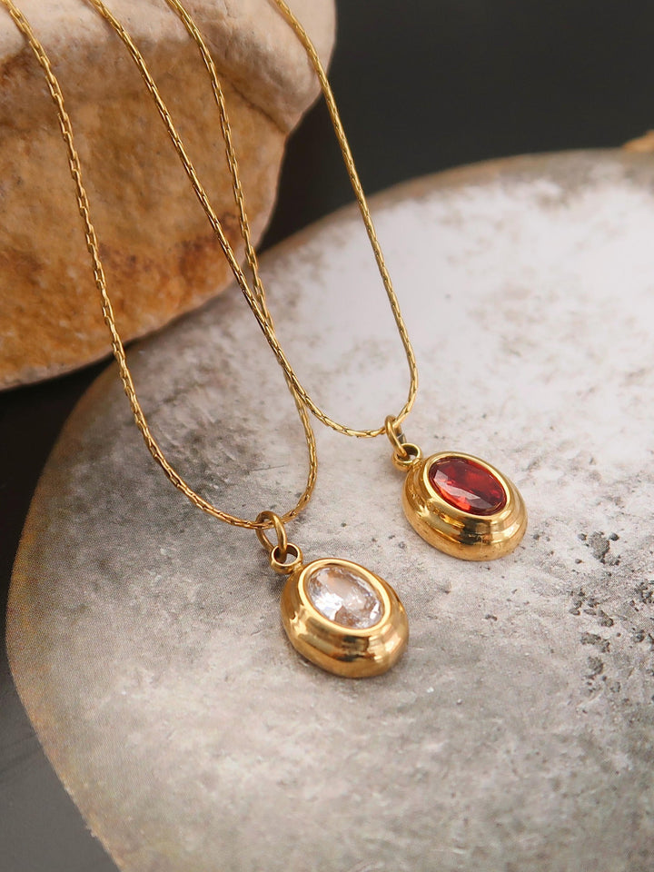 18K Gold Oval CZ Bezel Pendant Necklace