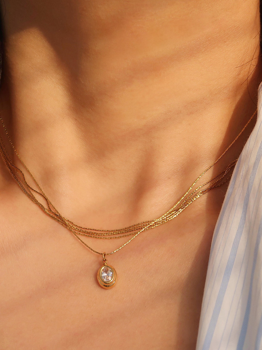18K Gold Oval CZ Bezel Pendant Necklace