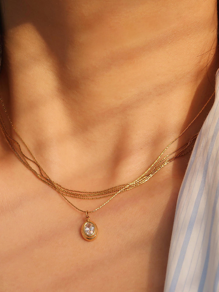 18K Gold Oval CZ Bezel Pendant Necklace