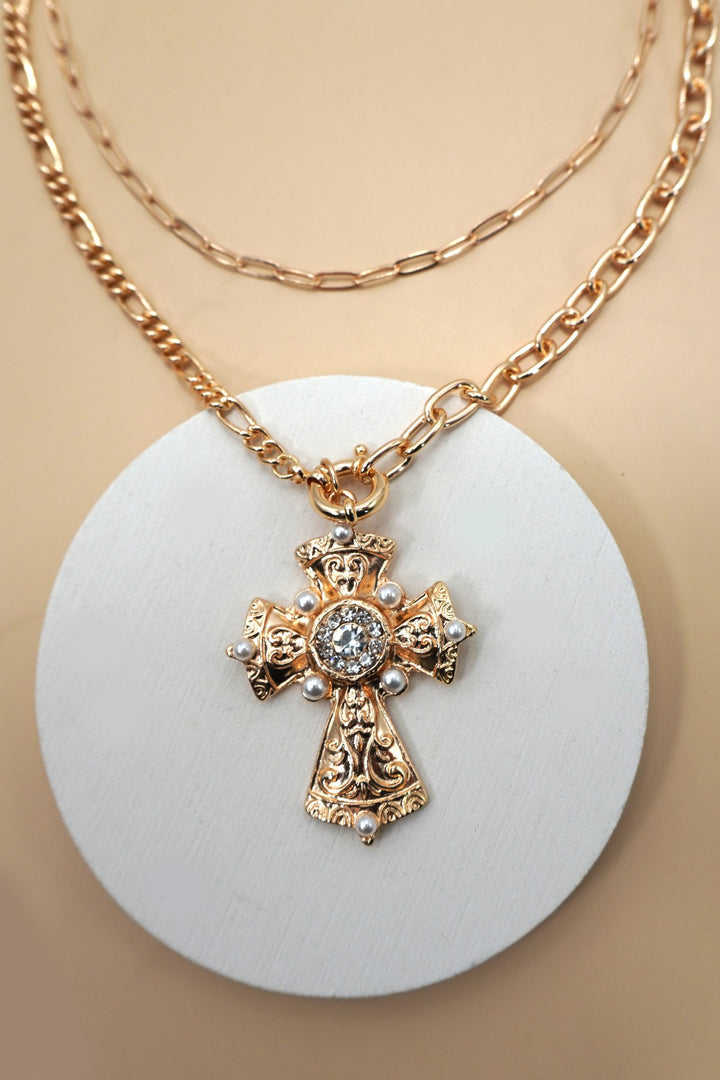 Gold Layered Ornate Cross Statement Necklace