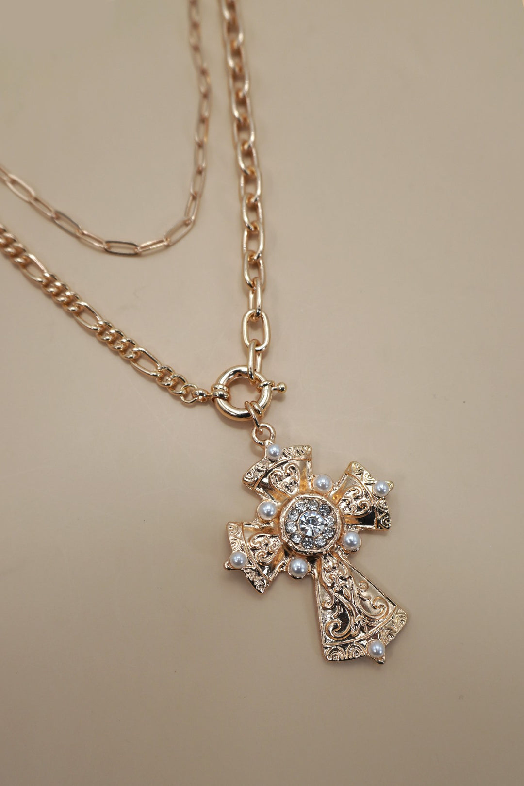 Gold Layered Ornate Cross Statement Necklace