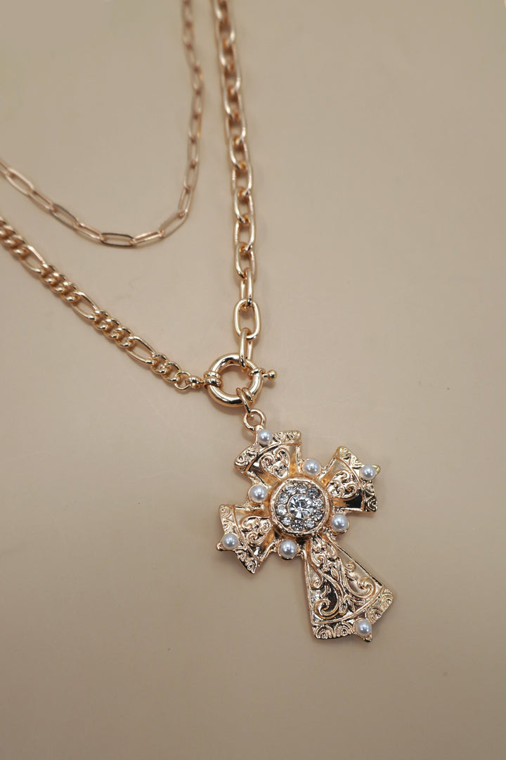 Gold Layered Ornate Cross Statement Necklace