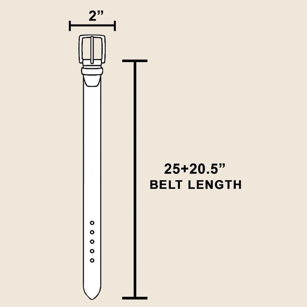 The Mesa Turquoise Rectangle Concho Chain Belt - Size Diagram Showing Belt Length 25 Inches + 20.5 Inch Extension & 2 Inch Concho Width