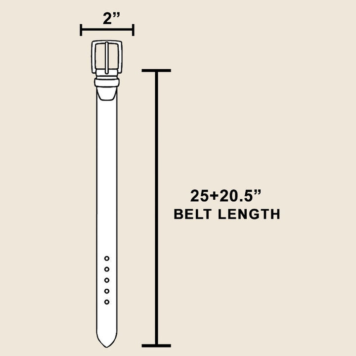 The Mesa Turquoise Rectangle Concho Chain Belt - Size Diagram Showing Belt Length 25 Inches + 20.5 Inch Extension & 2 Inch Concho Width