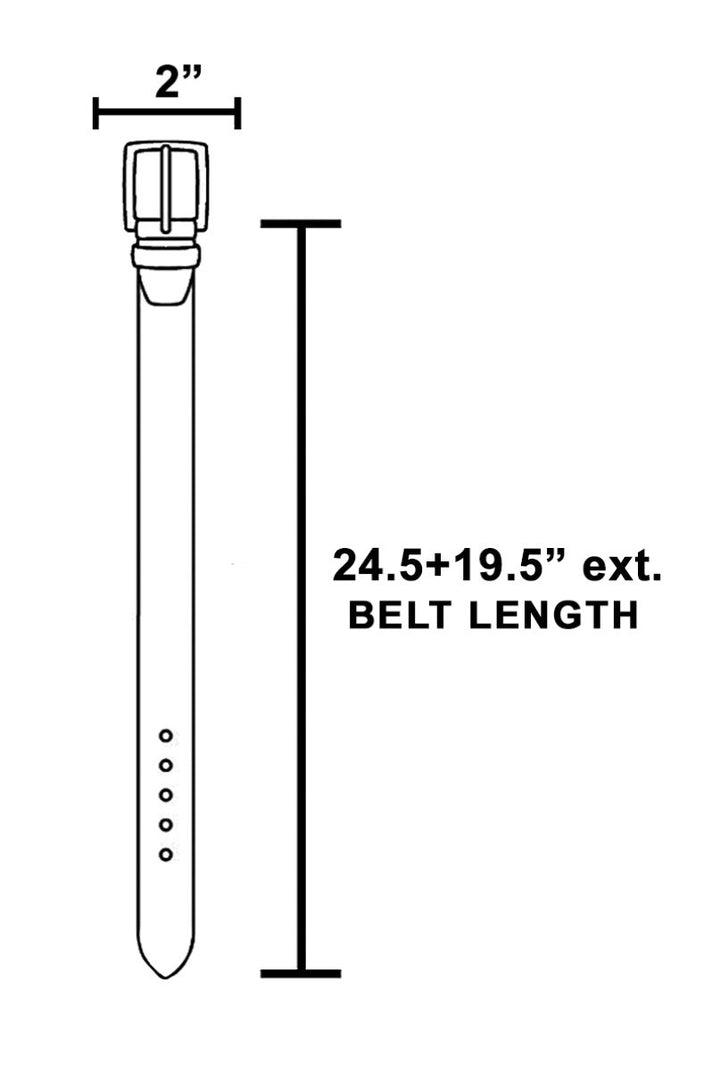The Turquoise Concho Chain Belt - Size Diagram Showing Belt Length 24.5 Inches + 19.5 Inch Extension & 2 Inch Concho Width