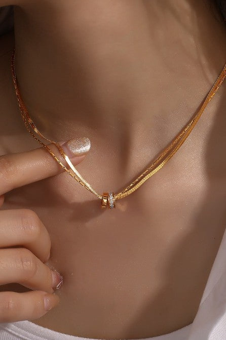 18K Gold Double Herringbone Chain Rhinestone Ring Pendant Necklace