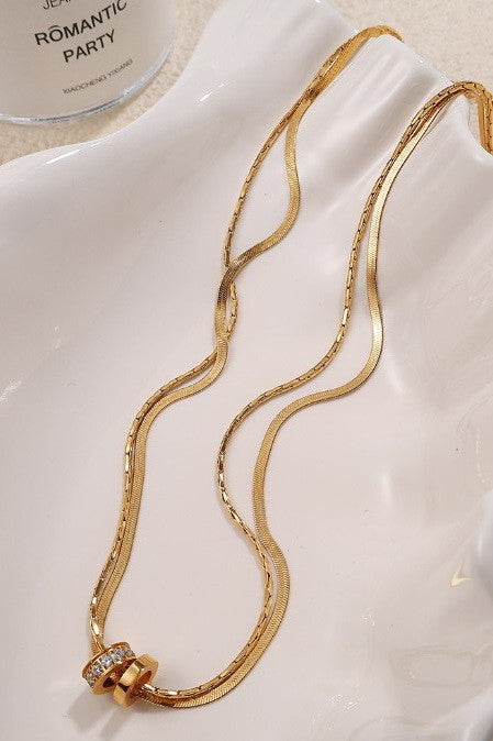 18K Gold Double Herringbone Chain Rhinestone Ring Pendant Necklace