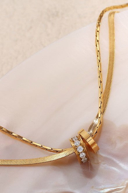 18K Gold Double Herringbone Chain Rhinestone Ring Pendant Necklace
