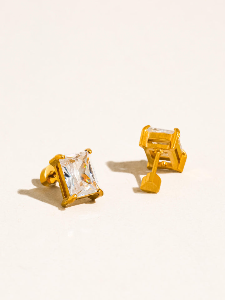 18K Gold CZ Stud Earrings Set - Rectangle & Teardrop