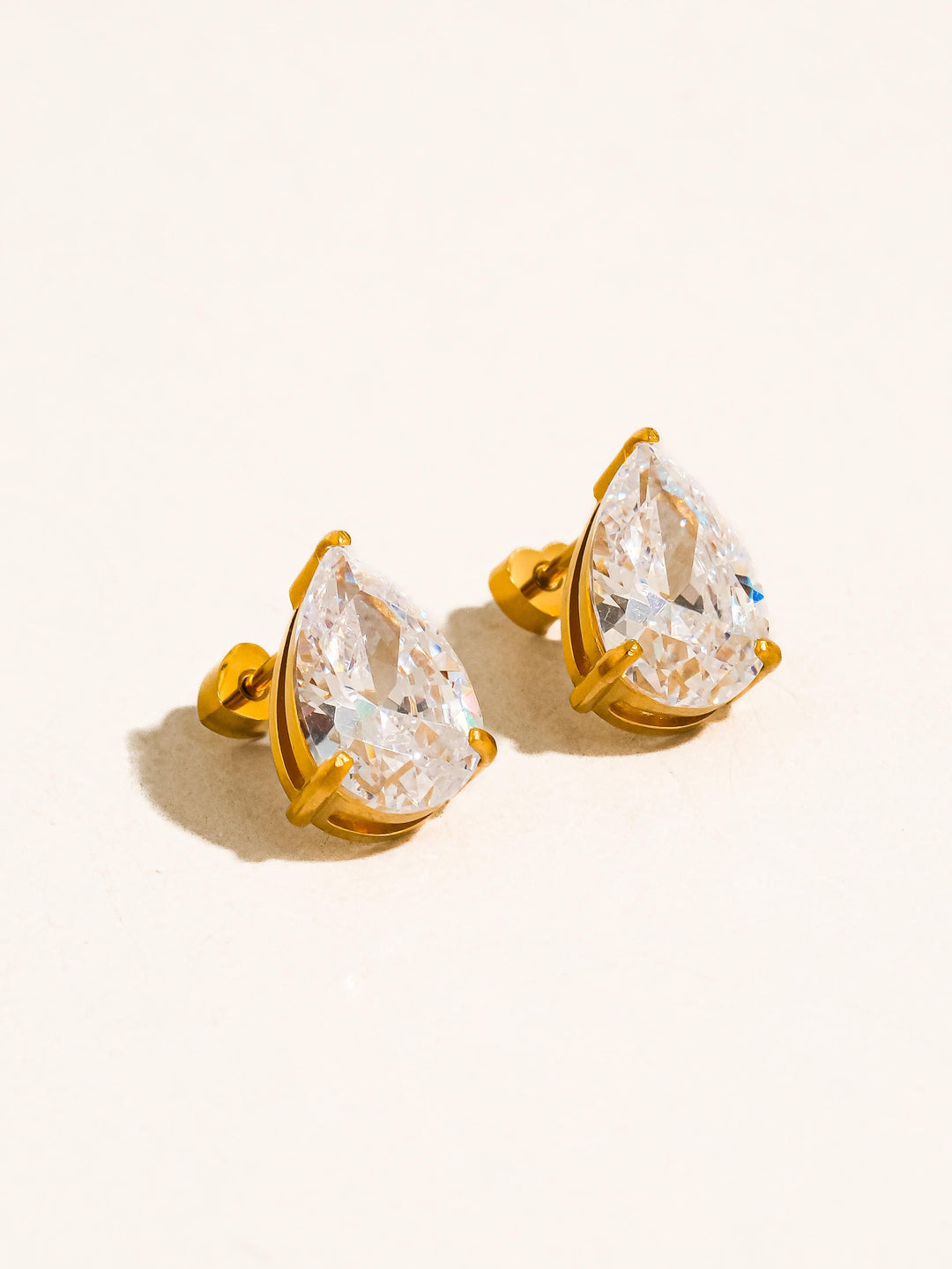 18K Gold CZ Stud Earrings Set - Rectangle & Teardrop