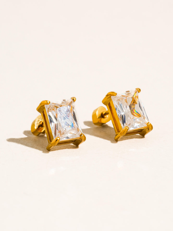 18K Gold CZ Stud Earrings Set - Rectangle & Teardrop