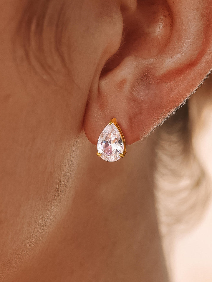 18K Gold CZ Stud Earrings Set - Rectangle & Teardrop