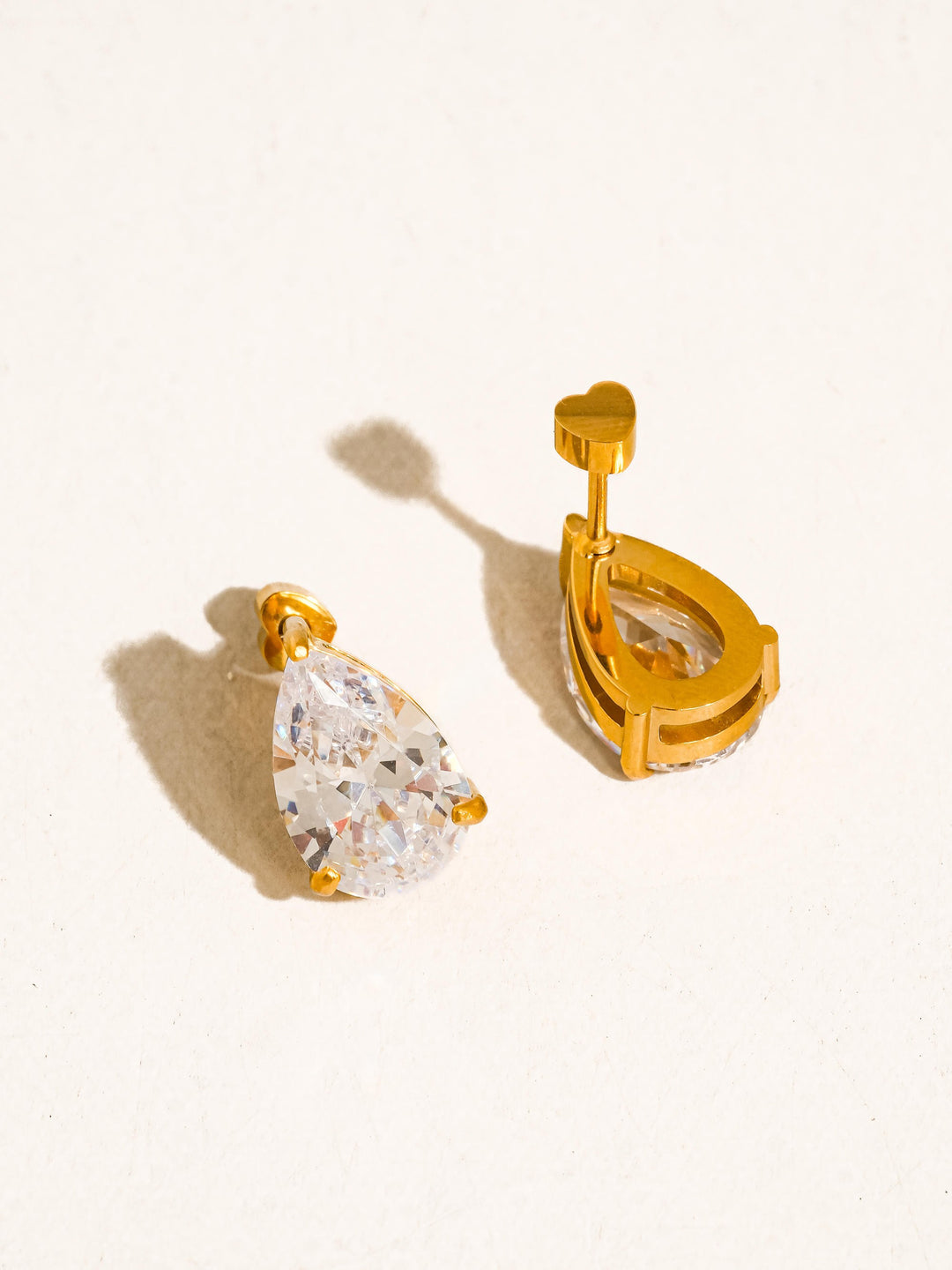 18K Gold CZ Stud Earrings Set - Rectangle & Teardrop