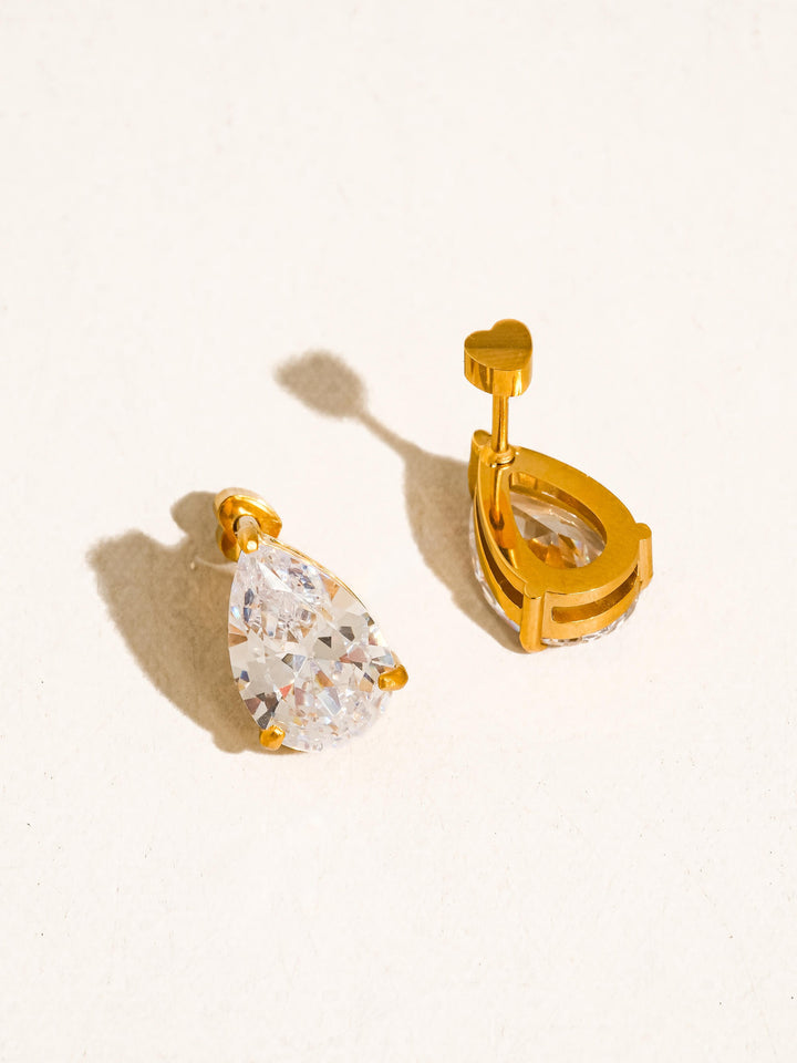 18K Gold CZ Stud Earrings Set - Rectangle & Teardrop