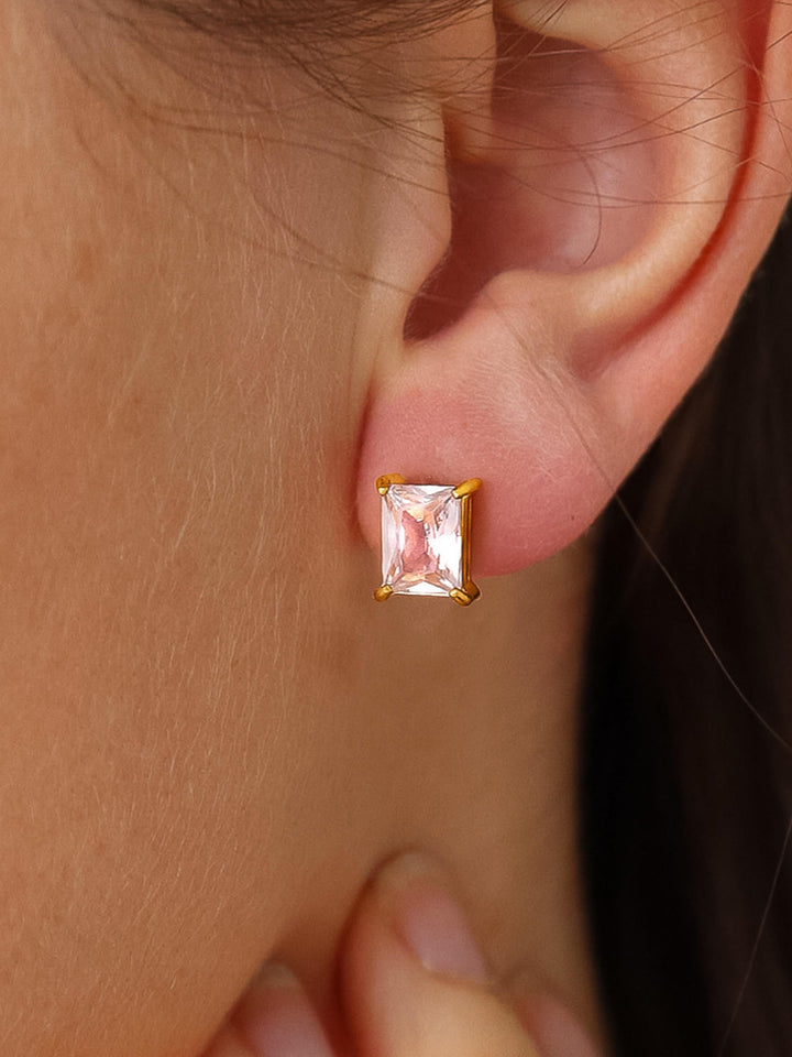 18K Gold CZ Stud Earrings Set - Rectangle & Teardrop