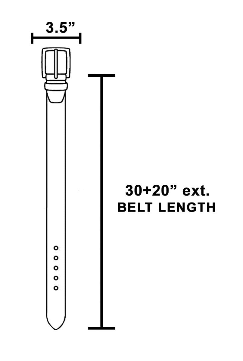 The Sedona Turquoise Round Concho Chain Belt - Size Diagram Showing Belt Length 30 Inches + 20 Inch Extension & 3.5 Inch Concho Width