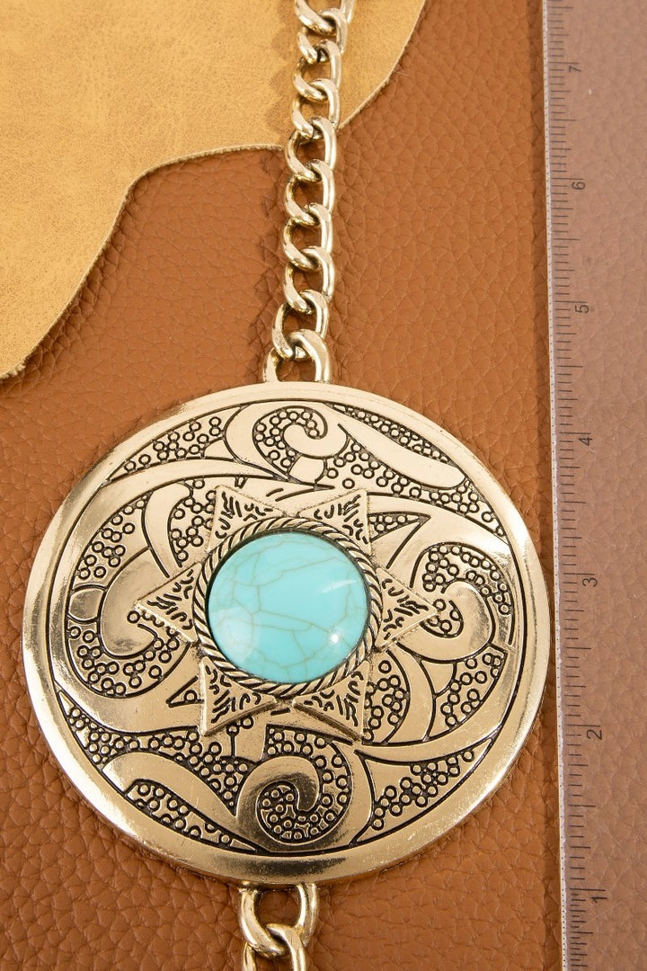 The Sedona Turquoise Round Concho Chain Belt in Antique Silver - Measurement Detail Shot Showing Single Concho Disc Against Ruler — Approximately 3.5 Inch Diameter