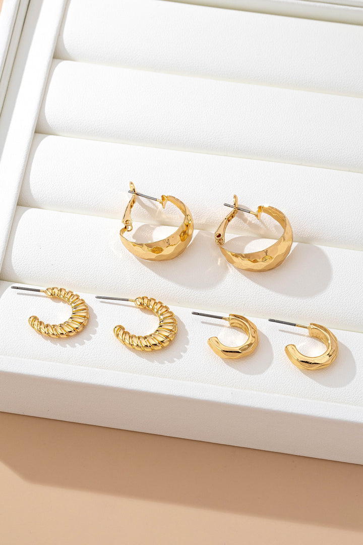 GOLD TEXTURED EARRING SET - 3 PAIRS