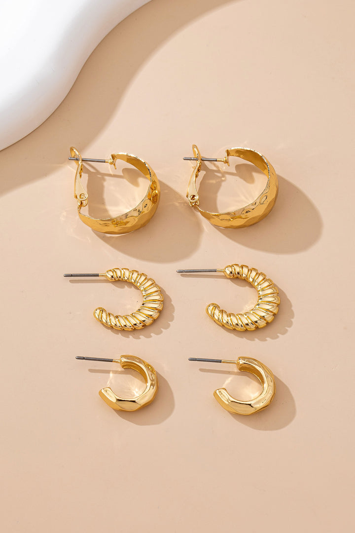 GOLD TEXTURED EARRING SET - 3 PAIRS