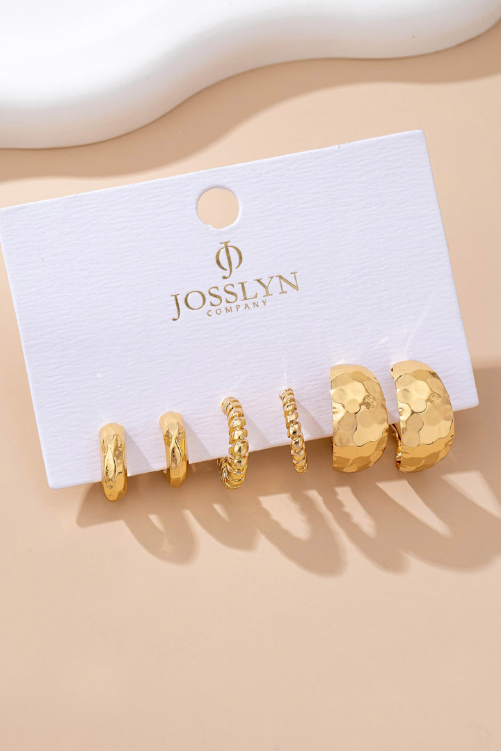 GOLD TEXTURED EARRING SET - 3 PAIRS