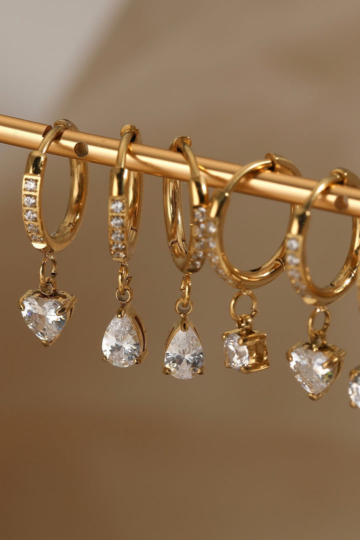 18K Gold CZ Pavé Huggie Hoop Earrings with Teardrop Charm